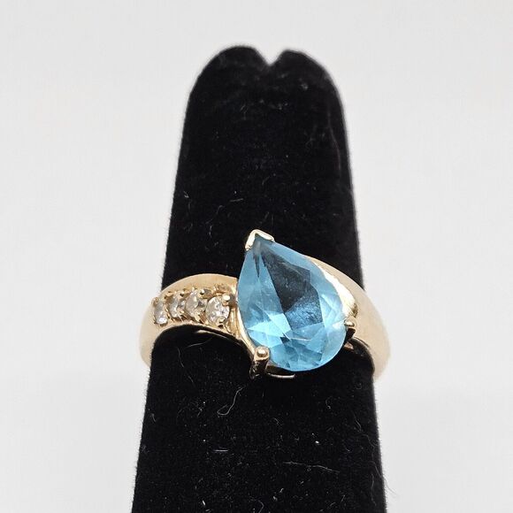 Estate 14K Teardrop Blue Topaz & Diamond Size 5 Feminine Ring Stamped 14K PMC